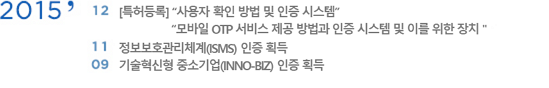 2015�� 12�� [Ư����] '����� Ȯ�� ��� �� ���� �ý���', '����� OTP ���� ���� ����� ���� �ý��� �� �̸� ���� ��ġ'| 11�� ������ȣ����ü��(ISMS) ���� ȹ�� | 09�� ��������� �߼ұ��(INNO-BIZ) ���� ȹ��